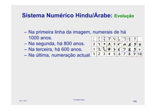 Sistema Numérico Hindu/Árabe: Evolução

        – Na primeira linha da imagem, numerais de há
          1000 anos.
        – Na segunda, há 800 anos.
        – Na terceira, há 600 anos.
        – Na última, numeração actual.




                             © Celeste Duque
April 1, 2010
                                                        109
 