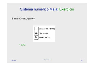 Sistema numérico Maia: Exercício

E este número, qual é?




                • 2012




                               © Celeste Duque
April 1, 2010
                                                    42
 