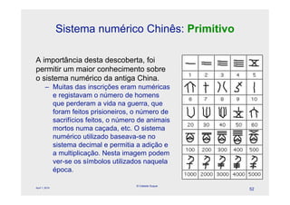Sistema numérico Chinês: Primitivo

A importância desta descoberta, foi
permitir um maior conhecimento sobre
o sistema numérico da antiga China.
        – Muitas das inscrições eram numéricas
          e registavam o número de homens
          que perderam a vida na guerra, que
          foram feitos prisioneiros, o número de
          sacrifícios feitos, o número de animais
          mortos numa caçada, etc. O sistema
          numérico utilizado baseava-se no
          sistema decimal e permitia a adição e
          a multiplicação. Nesta imagem podem
          ver-se os símbolos utilizados naquela
          época.

                                      © Celeste Duque
April 1, 2010
                                                        52
 