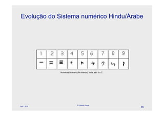 Evolução do Sistema numérico Hindu/Árabe




                Numerais Brahami (fila inferior), Índia, séc. I a.C.




                                    © Celeste Duque
April 1, 2010
                                                                       85
 