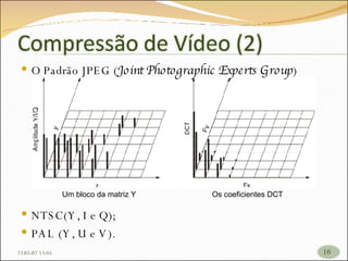 O Padrão JPEG ( Joint Photographic Experts Group )   Um bloco da matriz Y     Os coeficientes DCT NTSC(Y, I e Q); PAL (Y, U e V). 26/05/09   17:23 