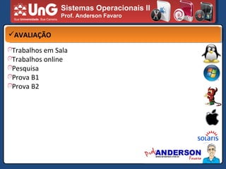 Sistemas Operacionais II Prof. Anderson Favaro AVALIAÇÃO Trabalhos em Sala Trabalhos online Pesquisa Prova B1 Prova B2 