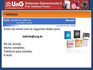 Sistemas Operacionais II Prof. Anderson Favaro MSDNAA Envie um email com os seguintes dados para [email_address] RA (se aluno);  Nome completo. Telefone para contato. E-mail. 