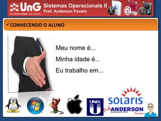 Sistemas Operacionais II Prof. Anderson Favaro CONHECENDO O ALUNO Meu nome é... Minha idade é... Eu trabalho em... 