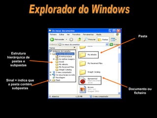 Estrutura hierárquica de pastas e subpastas Pasta Documento ou ficheiro Sinal + indica que a pasta contém subpastas Explorador do Windows 