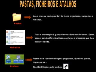 Local onde se pode guardar, de forma organizada, subpastas e ficheiros. Toda a informação é guardada sob a forma de ficheiros. Estes podem ser de diferentes tipos, conforme o programa que lhes está associado. Forma mais rápida de chegar a programas, ficheiros, pastas, impressoras… São identificados pelo símbolo   PASTAS, FICHEIROS E ATALHOS Pastas Ficheiros Atalhos 