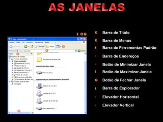           Barra de Título Barra de Menus Barra de Ferramentas Padrão Barra   de Endereços Botão de Minimizar Janela Botão de Maximizar Janela Botão de Fechar   Janela Barra do Explorador         Elevador Horizontal  Elevador Vertical  AS JANELAS 