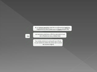 Ios
Es un sistema operativo móvil de la multinacional Apple Inc.
Originalmente desarrollado para el iPhone (iPhone OS),
Las versiones anteriores a iOS 8 no permiten el uso
de la Plataforma Java y Adobe Flash
Fue creada entonces la activación por iCloud,
la cual solicita los datos de acceso de la cuenta
del usuario original
 