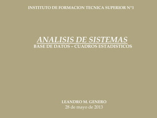 INSTITUTO DE FORMACION TECNICA SUPERIOR Nº1
LEANDRO M. GENERO
ANALISIS DE SISTEMAS
28 de mayo de 2013
BASE DE DATOS – CUADROS ESTADISTICOS
 