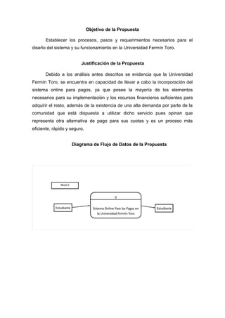 Objetivo de la Propuesta
Establecer los procesos, pasos y requerimientos necesarios para el
diseño del sistema y su funcionamiento en la Universidad Fermín Toro.
Justificación de la Propuesta
Debido a los análisis antes descritos se evidencia que la Universidad
Fermín Toro, se encuentra en capacidad de llevar a cabo la incorporación del
sistema online para pagos, ya que posee la mayoría de los elementos
necesarios para su implementación y los recursos financieros suficientes para
adquirir el resto, además de la existencia de una alta demanda por parte de la
comunidad que está dispuesta a utilizar dicho servicio pues opinan que
representa otra alternativa de pago para sus cuotas y es un proceso más
eficiente, rápido y seguro.
Diagrama de Flujo de Datos de la Propuesta
 