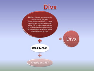 DivX se refiere a un conjunto de
      productos de software
 desarrollados por DivX, Inc..para
los sistemas operativos Windows
 y Mac OS, el más representativo
es el códec por lo que la mayoría
de las personas se refieren a éste
      cuando hablan de DivX,



                                     Divx


    Creado en 1997
 