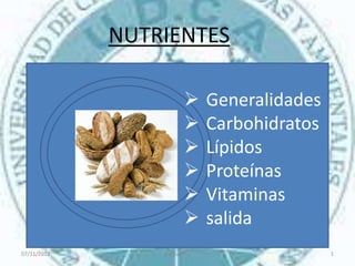 NUTRIENTES

                             Generalidades
                             Carbohidratos
                 θ
                       
                     CVC
                              Lípidos
                             Proteínas
                             Vitaminas
                             salida
07/11/2012       Bioquimica                   1
 