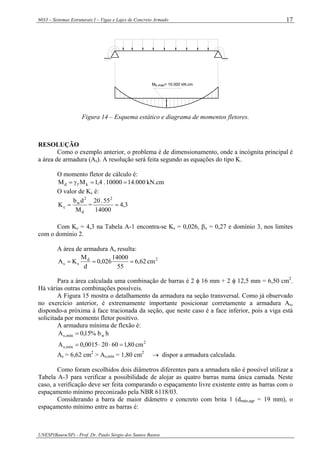6033 – Sistemas Estruturais I – Vigas e Lajes de Concreto Armado
UNESP(Bauru/SP) - Prof. Dr. Paulo Sérgio dos Santos Bastos
17
M = 10.000 kN.cmk,máx
Figura 14 – Esquema estático e diagrama de momentos fletores.
RESOLUÇÃO
Como o exemplo anterior, o problema é de dimensionamento, onde a incógnita principal é
a área de armadura (As). A resolução será feita segundo as equações do tipo K.
O momento fletor de cálculo é:
kN.cm000.1410000.4,1MM kfd ==γ=
O valor de Kc é:
d
2
w
c
M
db
K = = 3,4
14000
55.20 2
=
Com Kc = 4,3 na Tabela A-1 encontra-se Ks = 0,026, βx = 0,27 e domínio 3, nos limites
com o domínio 2.
A área de armadura As resulta:
2d
ss cm62,6
55
14000
026,0
d
M
KA ===
Para a área calculada uma combinação de barras é 2 φ 16 mm + 2 φ 12,5 mm = 6,50 cm2
.
Há várias outras combinações possíveis.
A Figura 15 mostra o detalhamento da armadura na seção transversal. Como já observado
no exercício anterior, é extremamente importante posicionar corretamente a armadura As,
dispondo-a próxima à face tracionada da seção, que neste caso é a face inferior, pois a viga está
solicitada por momento fletor positivo.
A armadura mínima de flexão é:
hb%15,0A wmín,s =
2
mín,s cm80,160200015,0A =⋅⋅=
As = 6,62 cm2
> As,mín = 1,80 cm2
→ dispor a armadura calculada.
Como foram escolhidos dois diâmetros diferentes para a armadura não é possível utilizar a
Tabela A-3 para verificar a possibilidade de alojar as quatro barras numa única camada. Neste
caso, a verificação deve ser feita comparando o espaçamento livre existente entre as barras com o
espaçamento mínimo preconizado pela NBR 6118/03.
Considerando a barra de maior diâmetro e concreto com brita 1 (dmáx,agr = 19 mm), o
espaçamento mínimo entre as barras é:
 