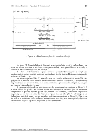 6033 – Sistemas Estruturais I – Vigas e Lajes de Concreto Armado
UNESP(Bauru/SP) - Prof. Dr. Paulo Sérgio dos Santos Bastos
27
VS1 = VS3 (19 x 60)
N4 - 4φ12,5 C = 270 (2° cam)
N5 - 1φ10 C = 270 (3° cam)
N3 - 4φ12,5 C = 450
N1-14c/11
135
135
N2 - 2φ10 C = 576
N1-24c/23
3510
P1
N8 - 2φ12,5 C = 742
N7 - 2φ12,5 C = 468
N6 - 2 x 4φ4,2 CORR
203
135
135
N1-14c/11
154
225
40
P2
N2 - 2φ10 C = 576
N1-24c/23
N8 - 2φ12,5 C = 742
N7 - 2φ12,5 C = 468
203
A
40
A
225
154
35
N1 - 76φ5mm c=152
10
56
4 N3
1 N5
2 x 4 N6
P3
15
2 N7
2 N8
4 N4
Figura 26 – Detalhamento final das armaduras da viga.
As barras N2 têm a dupla função de resistir ao momento fletor negativo na ligação da viga
com os pilares extremos e servirem como porta-estribos, para possibilitarem a fixação e
amarração dos vértices superiores dos estribos.
Os esforços cortantes máximos que ocorrem nos apoios também exigem a colocação dos
estribos mais próximos entre si, como nas proximidades do pilar interno P2, onde o espaçamento
entre os estribos é 11 cm.
As barras negativas N4 e N5 são colocadas em camadas diferentes das barras N3. Isso
porque não é possível alojar todas as barras numa única camada. Além disso, é extremamente
importante que exista uma distância livre entre duas barras adjacentes suficiente para a passagem
do concreto e da agulha do vibrador.
O esquema de indicação ou posicionamento das armaduras como mostrado na Figura 26 é
o mais comum na prática. No entanto, outros posicionamentos diferentes para as armaduras
longitudinais e para os estribos podem ser adotados. Por exemplo, a armadura longitudinal
negativa pode ser indicada acima do desenho da viga, a linha de indicação dos estribos pode ser
indicada na parte inferior da viga, e a armadura positiva como mostrada na Figura 26. Esta forma
de indicar as armaduras, embora não seja a mais comum na prática, tem a vantagem de distanciar
as armaduras negativa e positiva, impedindo possíveis confusões.
 