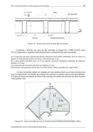6033 – Sistemas Estruturais I – Vigas e Lajes de Concreto Armado
UNESP(Bauru/SP) - Prof. Dr. Paulo Sérgio dos Santos Bastos
39
0
0L
h
h ≥ 3 ou 4
h ≥
15
f
f
b f
mesa
d
arm. da mesa
b ≥ 5w
L wb ≥ 5
armaduras principaisnervura
Figura 41 - Seção transversal de uma laje nervurada.
Conforme o desenho em corte da laje mostrado na Figura 64, a NBR 6118/03 (item
13.2.4.2) apresenta as seguintes especificações para as dimensões das lajes nervuradas:
a) “a espessura da mesa, quando não houver tubulações horizontais embutidas, deve ser maior ou
igual a 1/15 da distância entre nervuras e não menor que 3 cm;
b) o valor mínimo absoluto deve ser 4 cm, quando existirem tubulações embutidas de diâmetro
máximo 12,5 mm;
c) a espessura das nervuras não deve ser inferior a 5 cm;
d) nervuras com espessura menor que 8 cm não devem conter armadura de compressão.”
As lajes nervuradas podem ser armadas em uma (unidirecional) ou em duas direções (em
cruz ou bidirecional), em função da existência de nervuras em apenas uma ou nas duas direções.
A Figura 42 ilustra uma planta de fôrma onde uma laje nervurada com nervuras nas duas direções
vence grandes vãos.
Figura 42 - Laje nervurada em cruz ou bi-direcional (CÓDIGO ENGENHARIA, 2001).
 