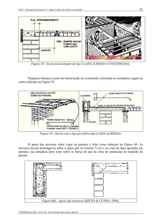 6033 – Sistemas Estruturais I – Vigas e Lajes de Concreto Armado
UNESP(Bauru/SP) - Prof. Dr. Paulo Sérgio dos Santos Bastos
52
Figura 58 - Início da montagem da laje (LAJES ALMEIDA E VOLTERRANA).
Pequenos balanços como um beiral pode ser construído colocando-se armaduras negativas
como indicado na Figura 59.
Figura 59 - Beiral com a laje pré-fabricada (LAJES ALMEIDA).
O apoio das nervuras sobre vigas ou paredes é feito como indicado na Figura 60. As
nervuras devem prolongar-se sobre o apoio por no mínimo 5 cm e, no caso de lajes apoiadas em
paredes, sua armadura deve estar sobre as barras de aço da cinta de amarração no respaldo da
parede.
Figura 60a - Apoio das nervuras (SOUZA & CUNHA, 1994).
 