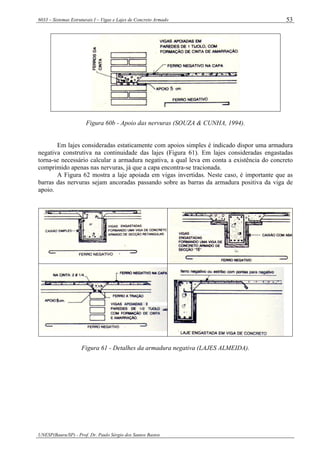6033 – Sistemas Estruturais I – Vigas e Lajes de Concreto Armado
UNESP(Bauru/SP) - Prof. Dr. Paulo Sérgio dos Santos Bastos
53
Figura 60b - Apoio das nervuras (SOUZA & CUNHA, 1994).
Em lajes consideradas estaticamente com apoios simples é indicado dispor uma armadura
negativa construtiva na continuidade das lajes (Figura 61). Em lajes consideradas engastadas
torna-se necessário calcular a armadura negativa, a qual leva em conta a existência do concreto
comprimido apenas nas nervuras, já que a capa encontra-se tracionada.
A Figura 62 mostra a laje apoiada em vigas invertidas. Neste caso, é importante que as
barras das nervuras sejam ancoradas passando sobre as barras da armadura positiva da viga de
apoio.
Figura 61 - Detalhes da armadura negativa (LAJES ALMEIDA).
 