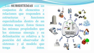 Los SUBSISTEMAS son un
conjuntos de elementos y
relaciones que responden a
estructuras y funciones
especializadas dentro de un
sistema mayor. Estos tienen
las mismas propiedades que
los sistemas sinergia y su
delimitación es relativa a la
posición del observador de
sistemas y al modelo que
tenga de éstos.
 
