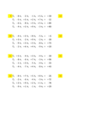 9 E1 - 8 x1 - 2 x2 - 1 x3 + 5 x4 = + 30 13
E2 - 5 x1 + 5 x2 + 2 x3 + 7 x4 = - 12
E3 - 6 x1 - 8 x2 + 3 x3 + 5 x4 = + 84
E4 - 4 x1 + 2 x2 + 9 x3 - 3 x4 = + 80
10 E1 - 4 x1 + 2 x2 + 8 x3 - 5 x4 = + 6 14
E2 + 3 x1 - 2 x2 + 9 x3 - 2 x4 = - 30
E3 - 9 x1 + 3 x2 + 3 x3 - 8 x4 = + 73
E4 - 2 x1 + 6 x2 + 4 x3 - 9 x4 = + 20
11 E1 + 5 x1 - 4 x2 + 3 x3 - 4 x4 = - 30 15
E2 - 8 x1 - 6 x2 + 7 x3 - 3 x4 = + 96
E3 - 1 x1 + 3 x2 - 5 x3 - 4 x4 = - 33
E4 - 4 x1 - 7 x2 + 4 x3 - 8 x4 = + 43
12 E1 - 8 x1 + 7 x2 + 5 x3 + 8 x4 = - 26 16
E2 - 2 x1 - 6 x2 - 4 x3 - 3 x4 = + 72
E3 + 2 x1 + 9 x2 + 2 x3 + 1 x4 = - 78
E4 - 9 x1 + 1 x2 - 1 x3 - 9 x4 = + 29
 