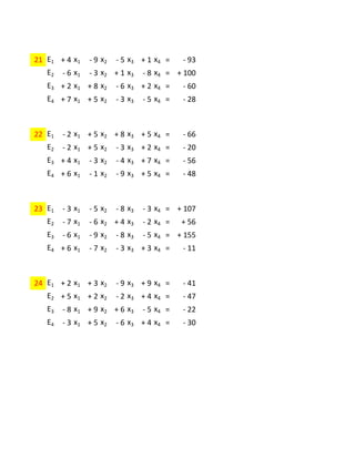 21 E1 + 4 x1 - 9 x2 - 5 x3 + 1 x4 = - 93
E2 - 6 x1 - 3 x2 + 1 x3 - 8 x4 = + 100
E3 + 2 x1 + 8 x2 - 6 x3 + 2 x4 = - 60
E4 + 7 x1 + 5 x2 - 3 x3 - 5 x4 = - 28
22 E1 - 2 x1 + 5 x2 + 8 x3 + 5 x4 = - 66
E2 - 2 x1 + 5 x2 - 3 x3 + 2 x4 = - 20
E3 + 4 x1 - 3 x2 - 4 x3 + 7 x4 = - 56
E4 + 6 x1 - 1 x2 - 9 x3 + 5 x4 = - 48
23 E1 - 3 x1 - 5 x2 - 8 x3 - 3 x4 = + 107
E2 - 7 x1 - 6 x2 + 4 x3 - 2 x4 = + 56
E3 - 6 x1 - 9 x2 - 8 x3 - 5 x4 = + 155
E4 + 6 x1 - 7 x2 - 3 x3 + 3 x4 = - 11
24 E1 + 2 x1 + 3 x2 - 9 x3 + 9 x4 = - 41
E2 + 5 x1 + 2 x2 - 2 x3 + 4 x4 = - 47
E3 - 8 x1 + 9 x2 + 6 x3 - 5 x4 = - 22
E4 - 3 x1 + 5 x2 - 6 x3 + 4 x4 = - 30
 