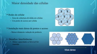 Maior densidade das células
• Redes de celular
- Área de cobertura dividida em células
- Um ponto de acesso por célula
• Instalação mais densa de pontos e acesso
- Menor distancia: redução de potência
• Desafios: Interferências
• Maior capacidade se bit/s/cel for
mantido
Mais denso
 