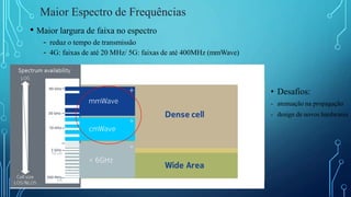 • Maior largura de faixa no espectro
- reduz o tempo de transmissão
- 4G: faixas de até 20 MHz/ 5G: faixas de até 400MHz (mmWave)
Maior Espectro de Frequências
• Desafios:
- atenuação na propagação
- design de novos hardwares
 