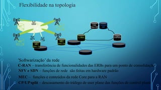 Flexibilidade na topologia
UE
MEC
(RAN, CN)
MEC
(RAN, CN)
MEC
(RAN, CN)
MEC
(RAN, CN)
MEC
(RAN, CN)
C-R
AN
Core,
Policy VNF
(V)PDG
Transport
VNF
‘Softwarização’da rede
C-RAN – transferência de funcionalidades das ERBs para um ponto de consolidação
NFV e SDN – funções de rede são feitas em hardware padrão
MEC – funções e conteúdos da rede Core para a RAN
CP/UPsplit – descasamento do tráfego de user plane das funções de control plane
 