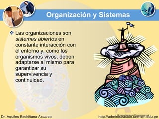 Organización y Sistemas Las organizaciones son  sistemas abiertos  en constante interacción con el entorno y, como los organismos vivos, deben adaptarse al mismo para garantizar su supervivencia y continuidad. Comportamiento Organizacional 