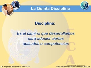 La Quinta Disciplina Disciplina:  Es el camino que desarrollamos para adquirir ciertas  aptitudes o competencias Comportamiento Organizacional 