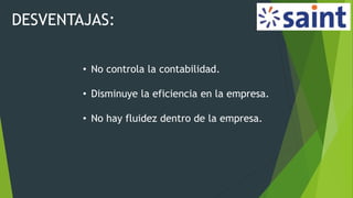 DESVENTAJAS:
• No controla la contabilidad.
• Disminuye la eficiencia en la empresa.
• No hay fluidez dentro de la empresa.
 