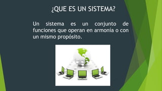 ¿QUE ES UN SISTEMA?
Un sistema es un conjunto de
funciones que operan en armonía o con
un mismo propósito.
 