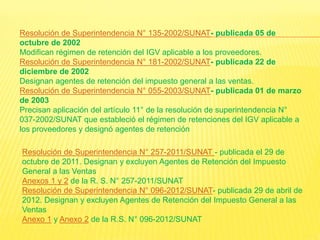 Resolución de Superintendencia N° 257-2011/SUNAT - publicada el 29 de
octubre de 2011. Designan y excluyen Agentes de Retención del Impuesto
General a las Ventas
Anexos 1 y 2 de la R. S. N° 257-2011/SUNAT
Resolución de Superintendencia N° 096-2012/SUNAT- publicada 29 de abril de
2012. Designan y excluyen Agentes de Retención del Impuesto General a las
Ventas
Anexo 1 y Anexo 2 de la R.S. N° 096-2012/SUNAT
Resolución de Superintendencia N° 135-2002/SUNAT- publicada 05 de
octubre de 2002
Modifican régimen de retención del IGV aplicable a los proveedores.
Resolución de Superintendencia N° 181-2002/SUNAT- publicada 22 de
diciembre de 2002
Designan agentes de retención del impuesto general a las ventas.
Resolución de Superintendencia N° 055-2003/SUNAT- publicada 01 de marzo
de 2003
Precisan aplicación del artículo 11° de la resolución de superintendencia N°
037-2002/SUNAT que estableció el régimen de retenciones del IGV aplicable a
los proveedores y designó agentes de retención
 