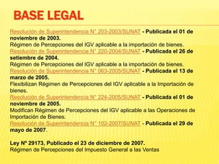 Resolución de Superintendencia N° 203-2003/SUNAT - Publicada el 01 de
noviembre de 2003.
Régimen de Percepciones del IGV aplicable a la importación de bienes.
Resolución de Superintendencia N° 220-2004/SUNAT - Publicada el 26 de
setiembre de 2004.
Régimen de Percepciones del IGV aplicable a la importación de bienes.
Resolución de Superintendencia N° 063-2005/SUNAT - Publicada el 13 de
marzo de 2005.
Flexibilizan Régimen de Percepciones del IGV aplicable a la Importación de
bienes.
Resolución de Superintendencia N° 224-2005/SUNAT - Publicada el 01 de
noviembre de 2005.
Modifican Régimen de Percepciones del IGV aplicable a las Operaciones de
Importación de Bienes.
Resolución de Superintendencia N° 102-2007/SUNAT - Publicada el 29 de
mayo de 2007.
Ley Nº 29173, Publicado el 23 de diciembre de 2007.
Régimen de Percepciones del Impuesto General a las Ventas
BASE LEGAL
 