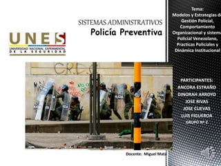 PARTICIPANTES:
ANCORA ESTRAÑO
DINORAH ARROYO
JOSE RIVAS
JOSE CUEVAS
LUIS FIGUEROA
GRUPO Nº 2
Tema:
Modelos y Estrategias de
Gestión Policial,
Comportamiento
Organizacional y sistema
Policial Venezolano,
Practicas Policiales y
Dinámica Institucional
Docente: Miguel Mata
 