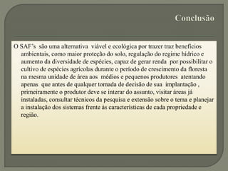 O SAF’s são uma alternativa viável e ecológica por trazer traz benefícios
ambientais, como maior proteção do solo, regulação do regime hídrico e
aumento da diversidade de espécies, capaz de gerar renda por possibilitar o
cultivo de espécies agrícolas durante o período de crescimento da floresta
na mesma unidade de área aos médios e pequenos produtores atentando
apenas que antes de qualquer tomada de decisão de sua implantação ,
primeiramente o produtor deve se interar do assunto, visitar áreas já
instaladas, consultar técnicos da pesquisa e extensão sobre o tema e planejar
a instalação dos sistemas frente às características de cada propriedade e
região.
 