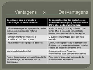 Contribuem para a proteção e
conservação do meio ambiente
Os conhecimentos dos agricultores e
ate dos técnicos e pesquisadores sobre
SAF’s são, ainda, muito limitados
Utilização de espécies que permite melhor
exploração dos recursos naturais
disponíveis
A falta de tradição dos agricultores pode
tornar difícil a extensão e implantação
desses sistemas na maioria das regiões
Permitem manter ou melhorar a
capacidade produtiva da terra
O custo de implantação pode ser mais
elevado
Provável redução de pragas e doenças Diminuição da produção por componentes
do consorcio em comparação com o cultivo
solteiro da espécie na mesma área
Maior produtividade global A recuperação econômica dos
investimentos pode demorar mais tempo
Podem desempenhar um papel importante
na recuperação de áreas em vias de
degradação
Pode ocorrer excessiva exportação de
nutrientes com as colheita
 
