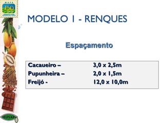 MODELO 1 - RENQUES
Cacaueiro – 3,0 x 2,5m
Pupunheira – 2,0 x 1,5m
Freijó - 12,0 x 10,0m
Espaçamento
 