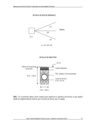 Manual para Diseñar Sistemas Tradicionales de Alcantarillado Particular




                                    DETALLE DE RED DE DRENAJES




                                                              L1
                                                                                Drenes
                                                         L2

                            C. I.
                                                              L3


                                                L = L1 + L2 + L3




                                            DETALLE DE DREN TIPO


                                                                            N.T.N

              Relleno de material de
                   excavación                                             Lámina Polietileno


                                                                          PVC sanitario 110 mm perforado
                       0.70 – 1.00 m
                                                                          Cama de Arena e:
                                                                          0.10 – 0.15 m




                                             0.70 – 1.00 m


OBS.: Se recomienda utilizar varios ramales para optimizar la superficie del terreno, lo que implica
dividir la Longitud total del sistema, por el numero de drenes que se adopte.




                      Autor: Patricio Alejandro Pacheco Castro – Ingeniero Constructor UCM                 14
 