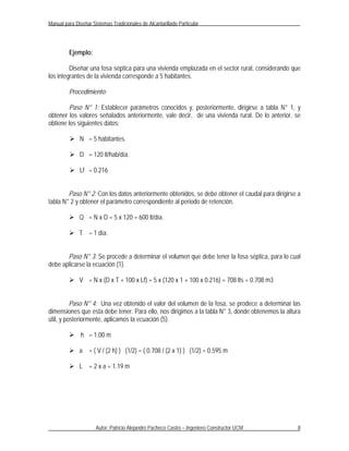Manual para Diseñar Sistemas Tradicionales de Alcantarillado Particular




         Ejemplo:

         Diseñar una fosa séptica para una vivienda emplazada en el sector rural, considerando que
los integrantes de la vivienda corresponde a 5 habitantes.

         Procedimiento:

        Paso N° 1: Establecer parámetros conocidos y, posteriormente, dirigirse a tabla N° 1, y
obtener los valores señalados anteriormente, vale decir, de una vivienda rural. De lo anterior, se
obtiene los siguientes datos:

          N = 5 habitantes.

          D = 120 lt/hab/día.

          Lf = 0.216


        Paso N° 2: Con los datos anteriormente obtenidos, se debe obtener el caudal para dirigirse a
tabla N° 2 y obtener el parámetro correspondiente al periodo de retención.

          Q = N x D = 5 x 120 = 600 lt/día.

          T = 1 día.


       Paso N° 3: Se procede a determinar el volumen que debe tener la fosa séptica, para lo cual
debe aplicarse la ecuación (1).

          V = N x (D x T + 100 x Lf) = 5 x (120 x 1 + 100 x 0.216) = 708 lts = 0.708 m3


          Paso N° 4: Una vez obtenido el valor del volumen de la fosa, se prodece a determinar las
dimensiones que esta debe tener. Para ello, nos dirigimos a la tabla N° 3, donde obtenemos la altura
útil, y posteriormente, aplicamos la ecuación (5).

          h = 1.00 m

          a = ( V / (2 h) ) (1/2) = ( 0.708 / (2 x 1) ) (1/2) = 0.595 m

          L = 2 x a = 1.19 m




                      Autor: Patricio Alejandro Pacheco Castro – Ingeniero Constructor UCM        8
 