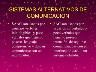 SISTEMAS ALTERNATIVOS DE COMUNICACION SAAC son usados por usuarios verbales ininteligibles  y poco verbales que tienen o poseen  lenguaje comprensivo y desean comunicarse con un interlocutor. SAC son usados por usuarios no verbales o poco verbales que tienen o poseen intención  de seguirse comunicándose con un interlocutor usando un sistema definido.  