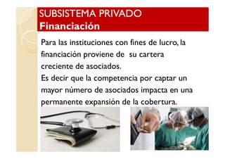 SUBSISTEMA PRIVADOSUBSISTEMA PRIVADO
FinanciaciónFinanciación
SUBSISTEMA PRIVADOSUBSISTEMA PRIVADO
FinanciaciónFinanciación
Para las instituciones con fines de lucro, la
financiación proviene de su cartera
creciente de asociados.
Es decir que la competencia por captar unEs decir que la competencia por captar un
mayor número de asociados impacta en una
permanente expansión de la cobertura.
 
