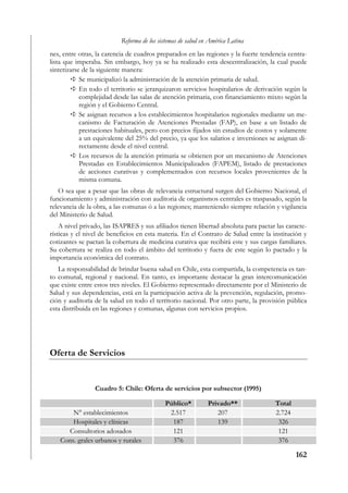 Reforma de los sistemas de salud en América Latina
nes, entre otras, la carencia de cuadros preparados en las regiones y la fuerte tendencia centra-
lista que imperaba. Sin embargo, hoy ya se ha realizado esta descentralización, la cual puede
sintetizarse de la siguiente manera:
            Se municipalizó la administración de la atención primaria de salud.
            En todo el territorio se jerarquizaron servicios hospitalarios de derivación según la
            complejidad desde las salas de atención primaria, con financiamiento mixto según la
            región y el Gobierno Central.
            Se asignan recursos a los establecimientos hospitalarios regionales mediante un me-
            canismo de Facturación de Atenciones Prestadas (FAP), en base a un listado de
            prestaciones habituales, pero con precios fijados sin estudios de costos y solamente
            a un equivalente del 25% del precio, ya que los salarios e inversiones se asignan di-
            rectamente desde el nivel central.
            Los recursos de la atención primaria se obtienen por un mecanismo de Atenciones
            Prestadas en Establecimientos Municipalizados (FAPEM), listado de prestaciones
            de acciones curativas y complementados con recursos locales provenientes de la
            misma comuna.
   O sea que a pesar que las obras de relevancia estructural surgen del Gobierno Nacional, el
funcionamiento y administración con auditoria de organismos centrales es traspasado, según la
relevancia de la obra, a las comunas ó a las regiones; manteniendo siempre relación y vigilancia
del Ministerio de Salud.
    A nivel privado, las ISAPRES y sus afiliados tienen libertad absoluta para pactar las caracte-
rísticas y el nivel de beneficios en esta materia. En el Contrato de Salud entre la institución y
cotizantes se pactan la cobertura de medicina curativa que recibirá este y sus cargas familiares.
Su cobertura se realiza en todo el ámbito del territorio y fuera de este según lo pactado y la
importancia económica del contrato.
   La responsabilidad de brindar buena salud en Chile, esta compartida, la competencia es tan-
to comunal, regional y nacional. En tanto, es importante destacar la gran intercomunicación
que existe entre estos tres niveles. El Gobierno representado directamente por el Ministerio de
Salud y sus dependencias, está en la participación activa de la prevención, regulación, promo-
ción y auditoría de la salud en todo el territorio nacional. Por otro parte, la provisión pública
esta distribuida en las regiones y comunas, algunas con servicios propios.




Oferta de Servicios


                 Cuadro 5: Chile: Oferta de servicios por subsector (1995)

                                            Público*          Privado**               Total
        N° establecimientos                  2.517               207                  2.724
        Hospitales y clínicas                 187                139                   326
      Consultorios adosados                   121                                      121
    Cons. grales urbanos y rurales            376                                      376

                                                                                              162
 