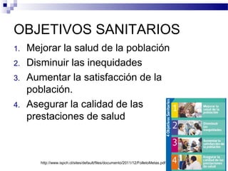 OBJETIVOS SANITARIOS
1.   Mejorar la salud de la población
2.   Disminuir las inequidades
3.   Aumentar la satisfacción de la
     población.
4.   Asegurar la calidad de las
     prestaciones de salud



        http://www.ispch.cl/sites/default/files/documento/2011/12/FolletoMetas.pdf
 