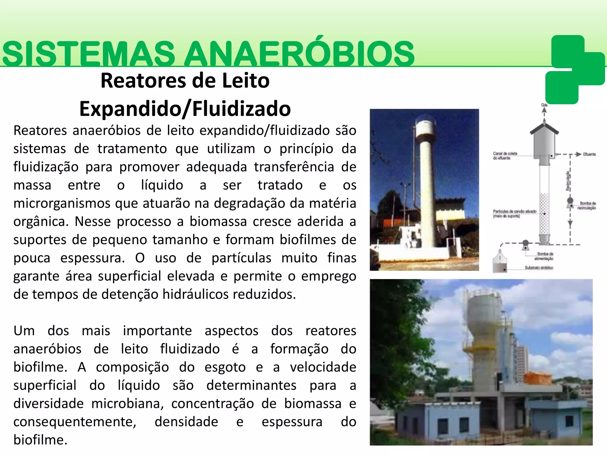 SISTEMAS ANAERÓBIOS 
Reatoresanaeróbiosdeleitoexpandido/fluidizadosãosistemasdetratamentoqueutilizamoprincípiodafluidizaçãoparapromoveradequadatransferênciademassaentreolíquidoasertratadoeosmicrorganismosqueatuarãonadegradaçãodamatériaorgânica.Nesseprocessoabiomassacresceaderidaasuportesdepequenotamanhoeformambiofilmesdepoucaespessura.Ousodepartículasmuitofinasgaranteáreasuperficialelevadaepermiteoempregodetemposdedetençãohidráulicosreduzidos. 
Umdosmaisimportanteaspectosdosreatoresanaeróbiosdeleitofluidizadoéaformaçãodobiofilme.Acomposiçãodoesgotoeavelocidadesuperficialdolíquidosãodeterminantesparaadiversidademicrobiana,concentraçãodebiomassaeconsequentemente,densidadeeespessuradobiofilme. 
Reatores de Leito Expandido/Fluidizado  