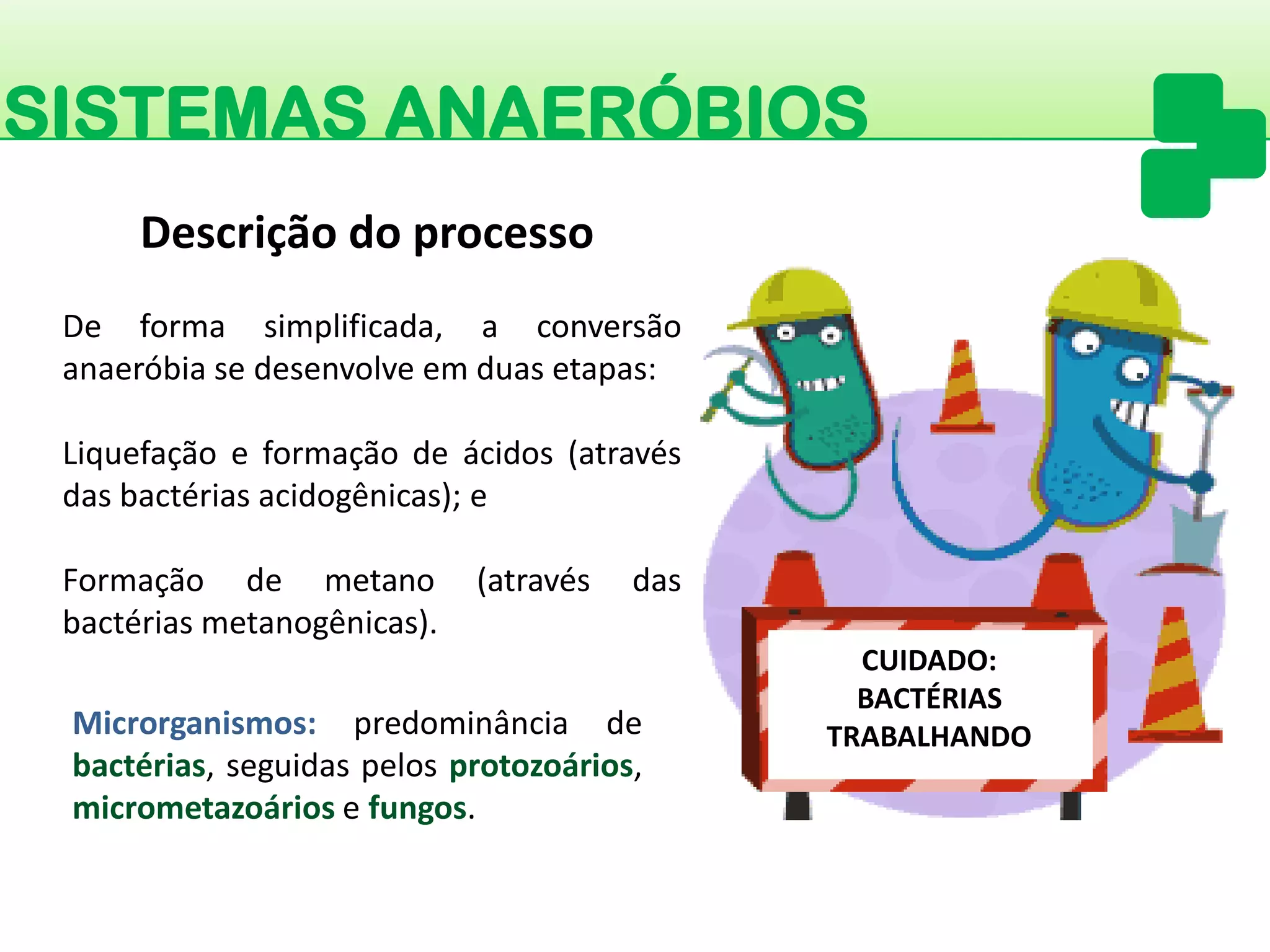 CUIDADO: 
BACTÉRIAS TRABALHANDO 
SISTEMAS ANAERÓBIOS 
Descrição do processo 
Deformasimplificada,aconversãoanaeróbiasedesenvolveemduasetapas: 
Liquefaçãoeformaçãodeácidos(atravésdasbactériasacidogênicas);e 
Formaçãodemetano(atravésdasbactériasmetanogênicas). 
Microrganismos:predominânciadebactérias,seguidaspelosprotozoários, micrometazoáriosefungos.  