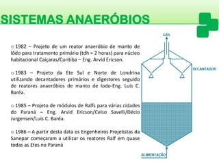 SISTEMAS ANAERÓBIOS 
o1982–Projetodeumreatoranaeróbiodemantodelôdoparatratamentoprimário(tdh=2horas)paranúcleohabitacionalCaiçaras/Curitiba–Eng.ArvidEricson. 
o1983–ProjetodaEteSuleNortedeLondrinautilizandodecantadoresprimáriosedigestoresseguidodereatoresanaeróbiosdemantodelodo-Eng.LuisC. Baréa. 
o1985–ProjetodemódulosdeRalfsparaváriascidadesdoParaná–Eng.ArvidEricson/CelsoSavelli/DécioJurgensen/LuisC.Baréa. 
o1986–ApartirdestadataosEngenheirosProjetistasdaSaneparcomeçaramautilizarosreatoresRalfemquasetodasasEtesnoParaná  