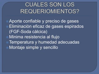  Aporte confiable y preciso de gases
 Eliminaciòn eficaz de gases espirados
  (FGF-Soda càlcica)
 Minima resistencia al flujo
 Temperatura y humedad adecuadas
 Montaje simple y sencillo
 