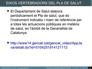 Eixos vertebradors del Pla de Salut

      El Pla de salut s’estructura en 3 eixos de
                                 ́
       transformació, 9 grans linies d’actuació i
                               ̀
         31 projectes estrategics que conformen el
       full de ruta del sistema sanitari fins al 2015




                                                        23
 