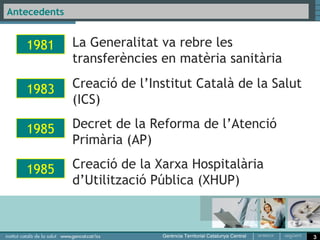 Antecedents


   1981       La Generalitat va rebre les
              transferències en matèria sanitària

   1983       Creació de l’Institut Català de la Salut
              (ICS)

   1985       Decret de la Reforma de l’Atenció
              Primària (AP)

   1985       Creació de la Xarxa Hospitalària
              d’Utilització Pública (XHUP)



                                                         3
 