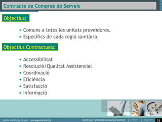 Contracte de Compres de Serveis


Objectius Clínics:


       • Prevenció Primària (Immunitzacions)
       • Control dels factors de risc (tabaquisme, HTA,
         diabetis)
       • Poder Resolutiu (hospitalitzacions evitables)
       • Ús racional dels medicaments (novetats
         terapèutiques)




                                                          35
 